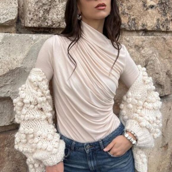 Wishlist Sweaters - EUC Wishlist Pom Pom knitted SO SOFT AND COZY cream heart cardigan sweater, s/m